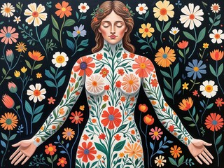 Figure covered in floral patterns representing growth healing and renewal Acrylic Painting
