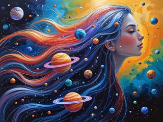 Floating hair containing tiny planets representing imagination and cosmic awareness Acrylic Painting