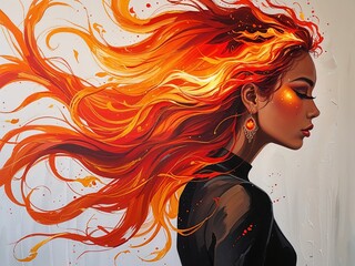 Hair like flowing fire symbolizing passion drive and inner power Acrylic Painting