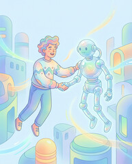 Friendly robot and person shaking hands in futuristic cityscape