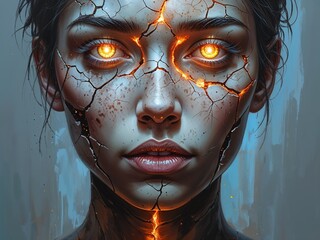 Portrait with fragmented face cracked skin revealing glowing soul symbol of resilience Acrylic Painting
