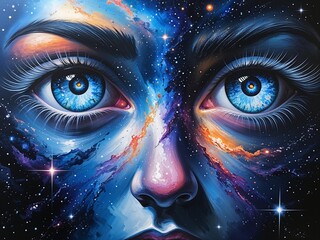 Eyes reflecting galaxies representing infinite dreams beyond human limitations Acrylic Painting