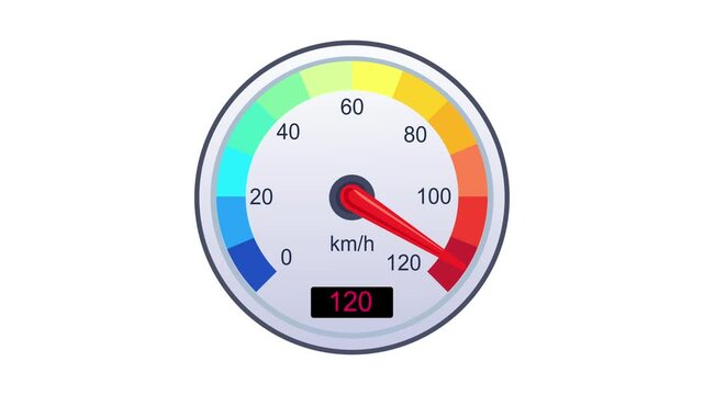 Modern Car Speedometer Interface with Vehicle Speed In Kilometers Per Hour and Acceleration From 0 to 120 Km/h. Colorful Zones Design Animation