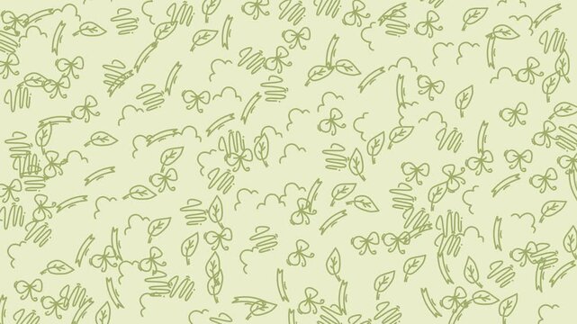 Doodle line art seamless pattern leaves bows scribbles clouds hand-drawn nature background suitable for fabric, wallpaper, branding, and digital design.