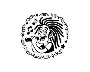 Vector flat illustration with doodle musicians. Music band plays their instruments. Fanny design for print, textile, postcard, advertising, music festivals, musical groups