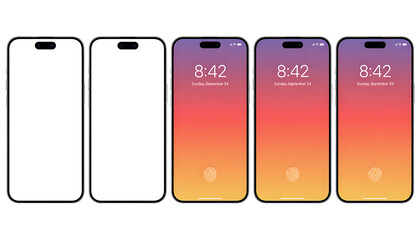 five smartphones with different screens on white background transparent background