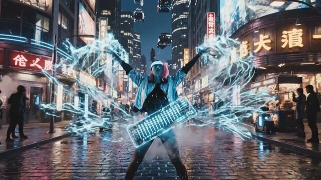 Futuristic being dances with glowing blue energy wings on a wet city street at night, surrounded by neon lights and tall buildings.