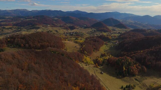 High Altitude Aerial Flight Over Sirnea-Dambovicioara Hills Revealing Leaota Mountains