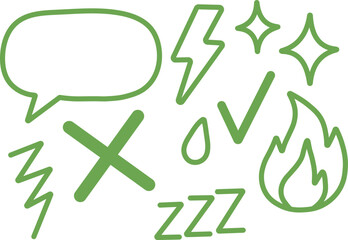 Green hand drawn doodle icons set with speech bubble lightning bolt sparkles check mark flame and symbols