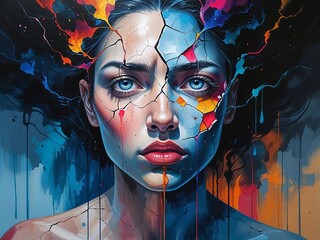 Face cracked with leaking colors representing emotional breakdown Acrylic Painting
