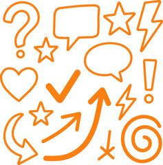 Hand Drawn Orange Doodle Icons Set with Arrows, Speech Bubbles, Stars and Symbols
