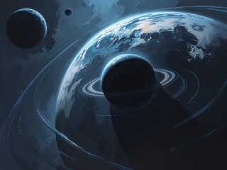 Planet swallowed by shadow symbolizing loss and isolation Acrylic Painting