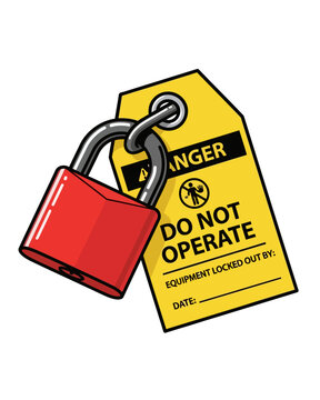 Red padlock with danger tag on equipment lockout during maintenance viewed from the front