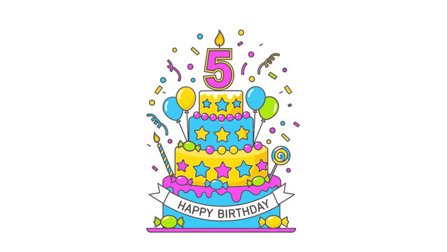 Colorful illustration of a three-tiered birthday cake with the number 5, surrounded by balloons and confetti on a white background.