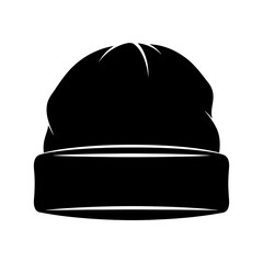 Fototapeta premium Silhouette of a cozy beanie hat, winter wool headwear fashion, black vector shape on white background