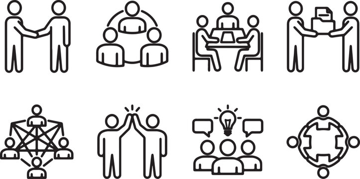 Comprehensive Business Collaboration Icon Set: Vector Collection of Teamwork, Partnership, Meeting, Networking, Brainstorming, and Corporate Agreement Line Icons for UI/UX Design.