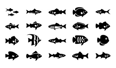 Fototapeta premium Fish vector icon set with aquatic life silhouettes isolated on white background