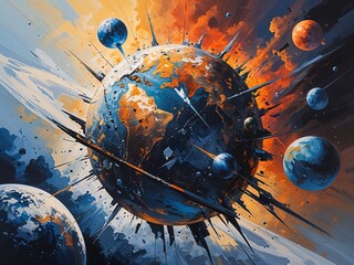 Planet shattered into fragments existential destruction Acrylic Painting