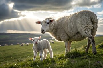 Obraz premium A ewe and a lamb stand together in a field, illuminated by sunbeams breaking through dramatic clouds.
