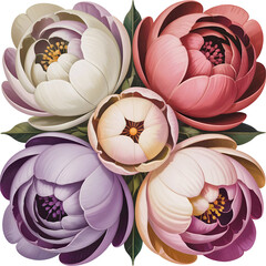 Obraz premium Vibrant Vector Floral Arrangement of Purple Pink White Flowers with Green Leaves Isolated on Transparent Background