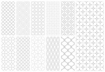 Collection of vector seamless geometric ornament elegant patterns. Monochrome repeatable backgrounds. Endless grey and white prints