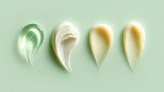 Glossy skincare serum and cream swatches on soft green background, high end beauty product texture concept for cosmetic branding, natural ingredients, hydration and glow theme
