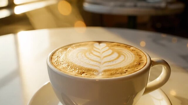 A warm latte in a white cup on a saucer on a table
