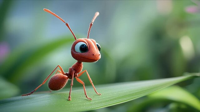 Adorable 3D Cartoon Ant Character Standing on a Large Green Leaf