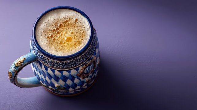 Minimalist overhead view of beer stein with blue and white pattern