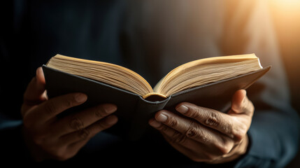 Reading book hands study learning serene moment of adult man reading book in warm morning light