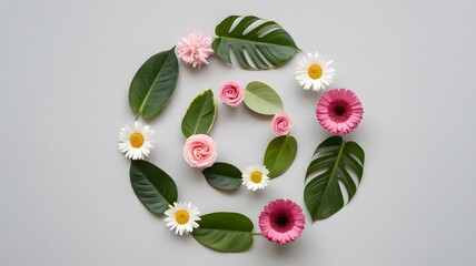 A beautiful arrangement of flowers and leaves in a circular pattern on a white background