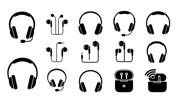 Headphones and earbuds icon collection for audio and music design