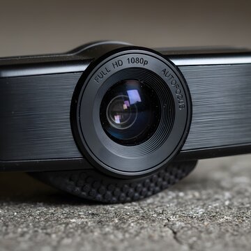 Close-up of a black digital camera lens featuring 'FULL HD 1080p' and 'AUTOFOCUS' text, highlighting high-definition video recording technology.