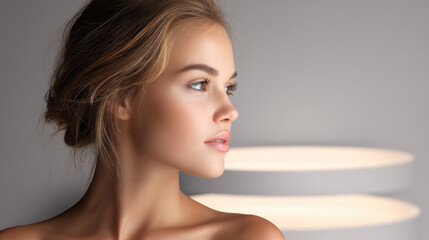 Soft beauty portrait young woman smooth skin glowing complexion natural makeup serene expression studio lighting