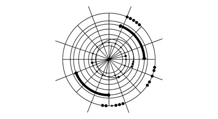 Abstract technology radar screen with data points and lines depicting network and analytics on isolated white background.