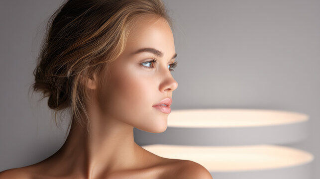 Soft beauty portrait young woman smooth skin glowing complexion natural makeup serene expression studio lighting
