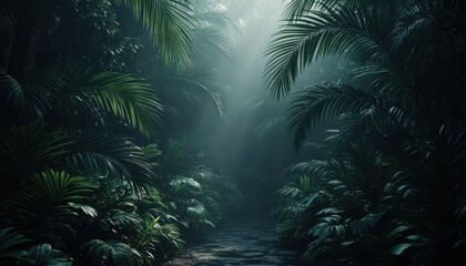 Misty tropical jungle path