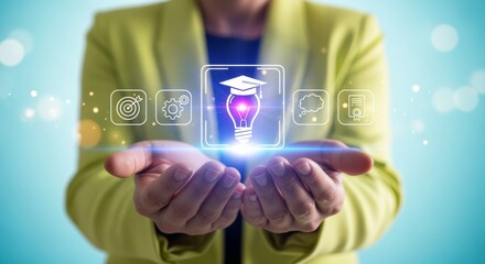 Female lecturer hand holding virtual light bulb with graduation cap icon, digital online education technology concept and smart e-learning innovation strategy in blue background.