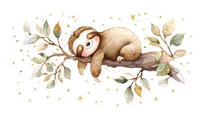 Obraz premium Watercolor Illustration Cute Baby Sloth Sleeping on Tree Branch Watercolor Illustration. Whimsical Nursery Art and Wildlife Concept. Sleeping sloth on a tree branch with a celestial pastel background.