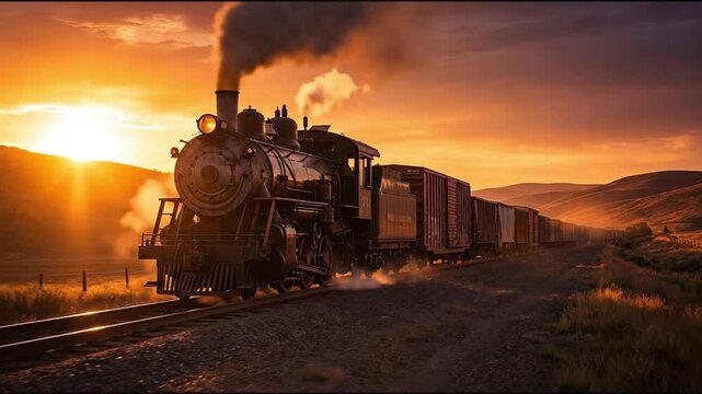 Vintage steam train locomotive pulling freight cargo cars on railroad tracks through rolling hills countryside landscape during dramatic golden hour sunset