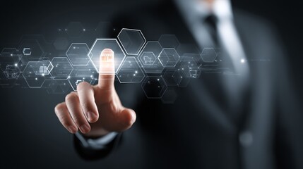 Obraz premium illustration of a businessman touching a digital franchise interface with multiple store icons, representing expansion network, investment opportunity and modern retail business strategy franchise, 