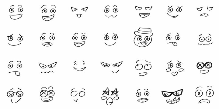 Collection of hand drawn black and white cartoon face expressions and doodles