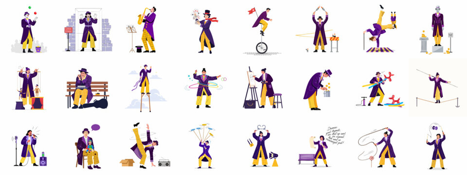 Collection of street performers and buskers demonstrating various entertainment acts like juggling, magic tricks, music, acrobatics, and mime art in vibrant costumes.