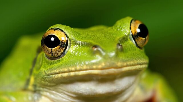 Close up of a green frog face.