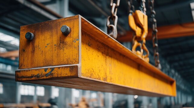 Suspended yellow steel beam on chain
