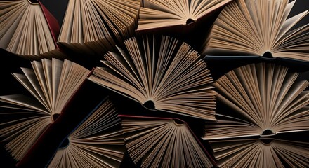 Top View of Many Open Books Scattered on Dark Background