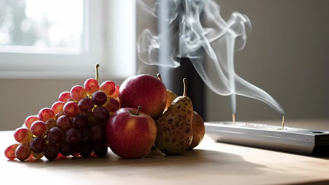 A Still Life Arrangement of Fresh Red Apples and Grapes Beside a Modern Incense Holder Emitting Wisps of White Smoke on a Wooden Table with Soft Natural Light Streaming From a Window