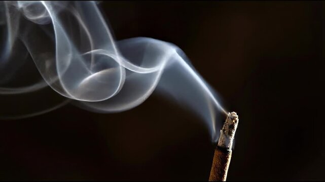 A delicate incense stick burns, its ethereal smoke dancing gracefully against a dark background, evoking a sense of tranquility and meditation.