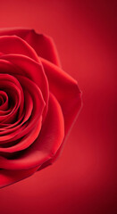 Close up of red rose flower head on red background with copy space for text.