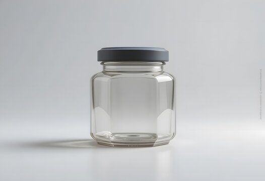 Empty octagonal clear glass jar with a dark gray lid on a pristine white background. hexagonal jar mockup